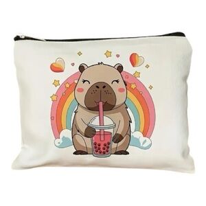 Capybara Bubble Tea Rainbow Makeup Bag Travel Toiletries Pencil Case Pouch NWOT